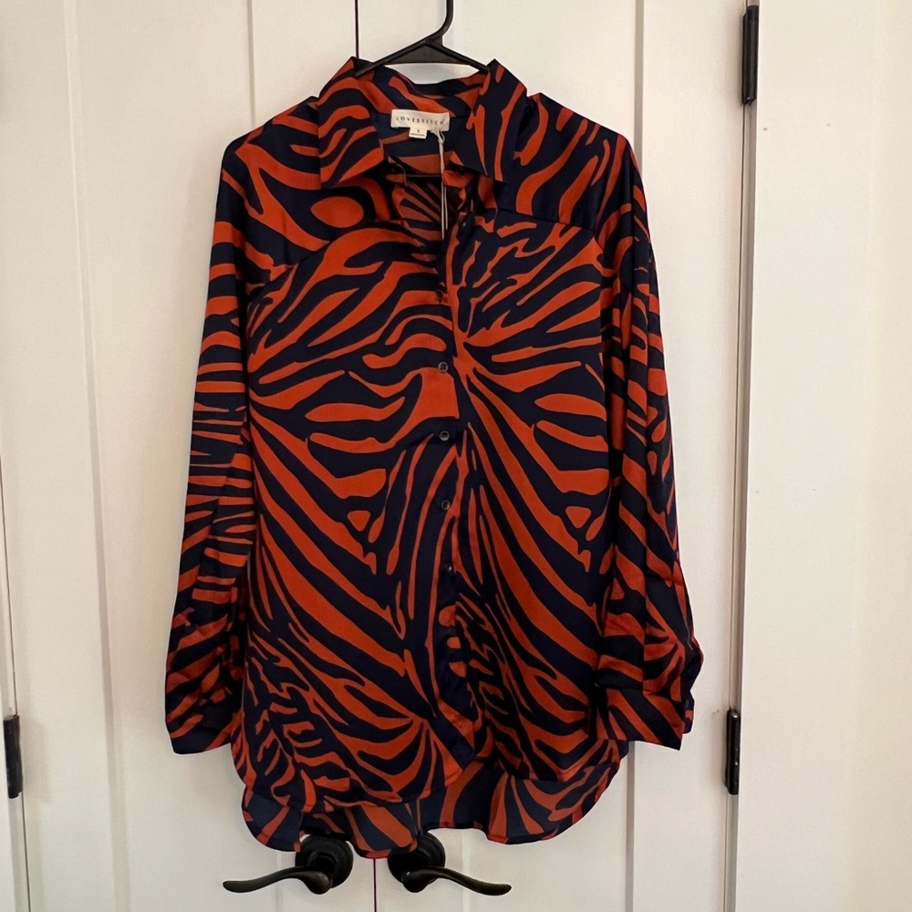 Lovestitch Orange and Navy Animal Print Button-Down Blouse S NWT